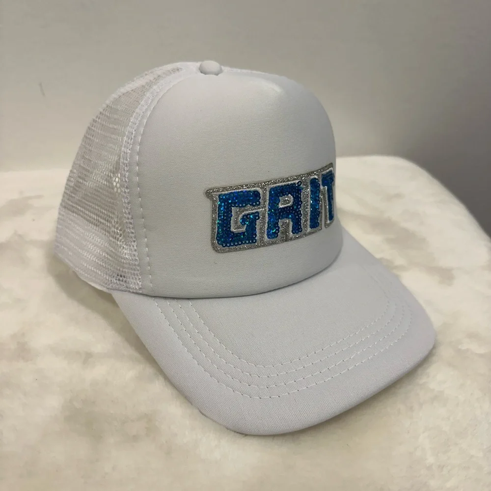 Detroit lions Grit trucker hat! with Blue sequin GRIT Logo!